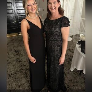 Mac Duggal floral appliqué short sleeve black gown- worn one time & dry cleaned